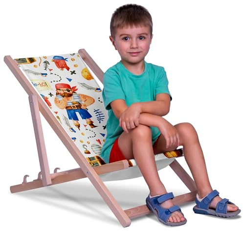 DreamRoots Kinder Liegestuhl Holz Gr. S, Pirate | Klappbarer Campingstuhl faltbar, für Garten & Strand, bis 130 kg, waschbarer Bezug, 100% Polyester, UV-beständig, Kinderliege