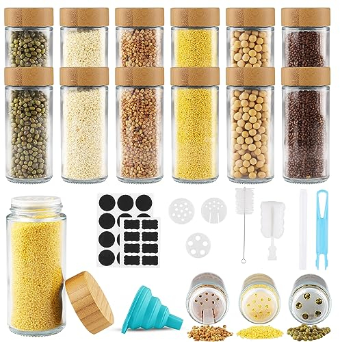 Vexillic Barattoli Spezie, 12pcs Contenitori Spezie 120ml Barattoli Porta Spezie con Coperchi in Bambù Vasetti Spezie Vetro con Setaccio Etichette Spazzola Lmbuto
