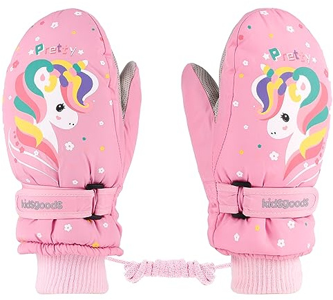 KAKU NANU Guantes Impermeables Manoplas de esquí para niños Manoplas de Nieve de Invierno para niñas Guantes cálidos con Forro Polar para Exteriores de 6-10 años Guantes Rosas