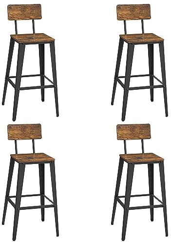 VASAGLE Barhocker, 4er Set, Barstühle, Küchenstühle, mit Rückenlehne, Stahlgestell, einfache Montage, Industrie-Design, vintagebraun-tintenschwarz LBC278B01