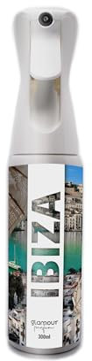 GLAMOUR PARFUM - Ambientador de Hogar Ibiza - 300 ml - Pulverizador con Aroma Fresco y Floral - Ambientador Textil en Spray - para Pulverizar en la Cama o en Cortinas - Reutilizable
