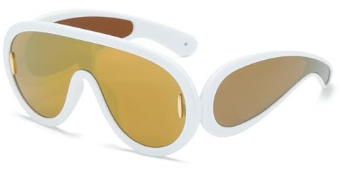 YUELUQU Mode Rave Sonnenbrille für Frauen Männer übergroße futuristische Schild Welle Maske Sonnenbrille Designer Stil (Weiß/gold)
