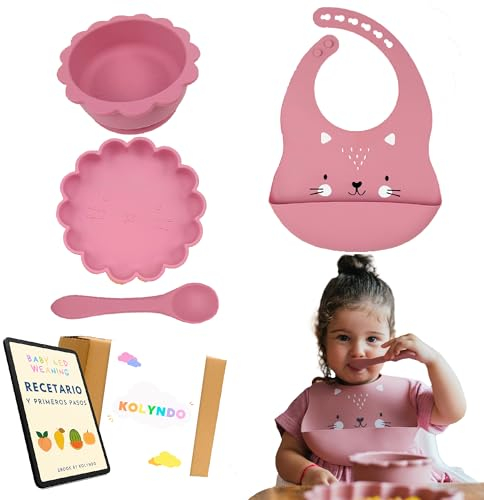 Vajilla de Silicona para Bebé con Ventosa - Set Aprendizaje Comida BLW, No Huele - Cuenco y Plato Ventosa Infantil, Babero y Cuchara Iniciación (Rosa)