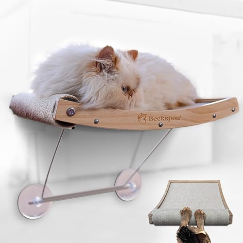 BECKSPON Hamaca para Gatos con Rascador Integrado | Hamaca Gatos Plegable | Cama Gato | Hamaca Gatos Colgante | Cama de Gatos para Ventana | Rascador de Gatos | Soporta hasta 20kg | Color Beige