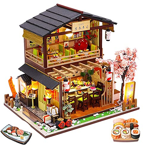 DIY Puppenhaus Miniatur-Möbel, handgemachte japanischen Stil DIY Puppenhaus Kit, 1:24 Skala kreative Zimmer Geschenkidee für Erwachsene Freund Liebhaber (Yoshimoto Sushi Restaurant)
