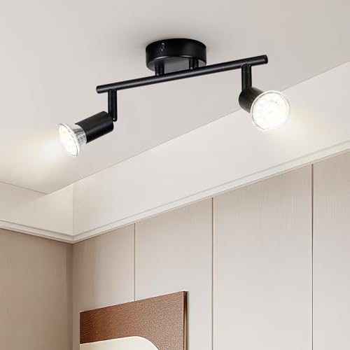 Doughelec LED Deckenstrahler 2 Flammig Shwarz, Flur Deckenleuchte Schwenkbar Deckenlampe Deckenspot GU10 Spots Modern Strahler Wandstrahler Küchelampe für Wohnzimmer Schlafzimmer, Ohne Leuchtmittel