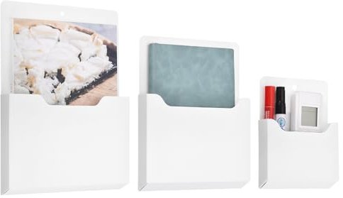 QUARKZMAN 3er Pack Magnetischer Aktenhalter, Magnetischer Wand-Aktenorganizer in Briefgröße für Magazine, Post, Papier, Briefe, Büromaterial (Weiß, verschiedene Größen)