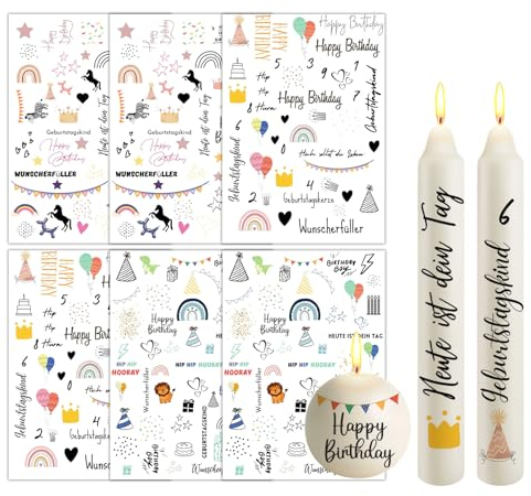 Bolosa 6 Stück Kerzentattoos Geburtstag, Wasserschiebefolie Kerzen, Kerzenfolie Kerzentattoos Sprüche, Kerzen Tattoo Happy Birthday für Kerze Tasse DIY Geschenk, Kerzen Dekorieren (19x14cm, B)