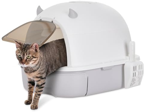The Fellie Large Cat Litter Tray, Hooded Cat Litter Box with Drawer Pan and Scoop, Kitty Litter Tray with Lid and Handle for Privacy and Portability, Odor Control Litter Box with Carbon Filter, Grey