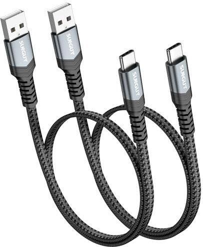 SUNGUY Short USB C Cable 0.6M [2Pack], Flat USB A to USB C Charger Cable 3A Fast Charging Data Transfer Braided Compatible with iPhone 16 15 Pro/Pro Max/Plus, Samsung Galaxy S23 S22, Note 20 10, Pixel