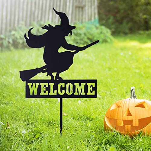 Halloween Welcome Sign with Stake Spooky Witch on Broom Door Hanger Sign Black Witches Silhouette Garden Stakes for Halloween Home Outdoor Garden Outside Yard Lawn Patio Decor