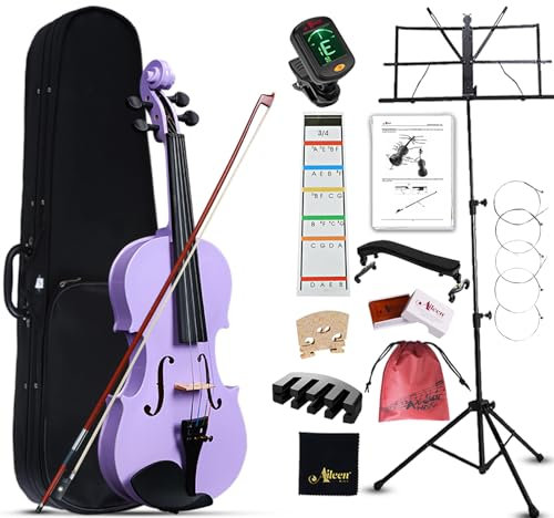 Aileen Geige 3/4 für Kinder ab 9-11 Jahre, Anfänger Violine Set für Schüler, Teenager Lila Violette Geige Einsteiger Kit Vollständig mit 13 Zubehör, Notenständer, Exklusive Neue Griffbrett Aufkleber