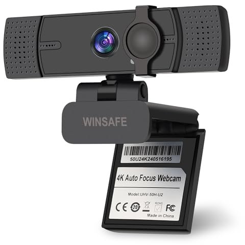 WINSAFE Webcam 4K, Ultra HD Video Calling, AI Auto Focus, Dual Noise-Canceling Microphones, 70° FOV, 1080P@60FPS, Privacy Cover, Plug&Play PC Camera, Works with Teams, Zoom, OBS, Skype, Google Meet