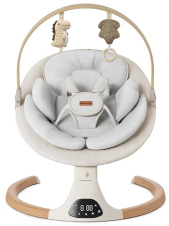 Columpios de bebé Monamii para bebés, columpio infantil Bluetooth con altavoz de música, 5 velocidades y control remoto, uso en interiores y exteriores (beige)