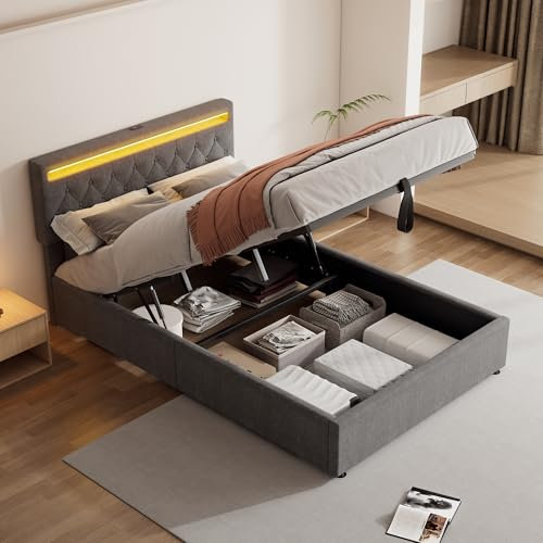 Polsterbett 140x200, LED Doppelbett mit USB Typ C Anschluss&Großer Stauraum, Bett Hydraulisch Stauraumbett Funktionsbett Rückenlehne Bettgestell Jugendbett mit Lattenrost, Leinen, Ohne Matratze, Grau
