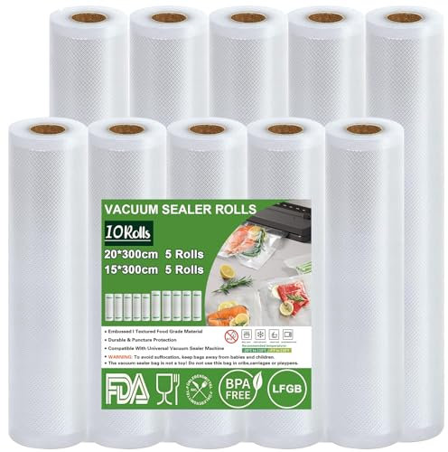 Omtofo Vakuumier Folienrollen, 5 Rollen 15x300cm + 5 Rollen 20x300cm Reißfest, BPA-frei, Vakuumbeutel für Vakuumierer Lebensmittel Vakuumiergerät, Kochfest und Sous Vide Gefrierbeutel