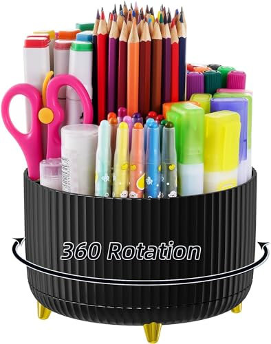 Porte-crayons pour bureau, 5 emplacements rotatifs à 360 ° pour bureau, rangement de fournitures de papeterie, joli pot à crayons pour bureau, école, maison, fournitures d'art (noir)