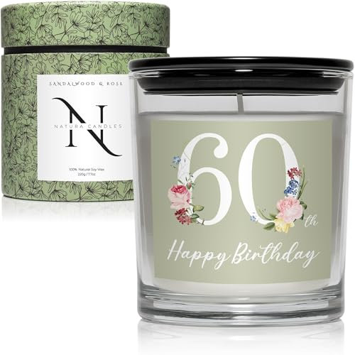 Candle 60th Happy Birthday Presents for Women Soy Wax 220g - Rose & Sandalwood Scented Candles Gift Set Candles Gifts for Women 30th 40th 50th 70th Birthday Gifts for Mum Lady Wife - Natura Candles