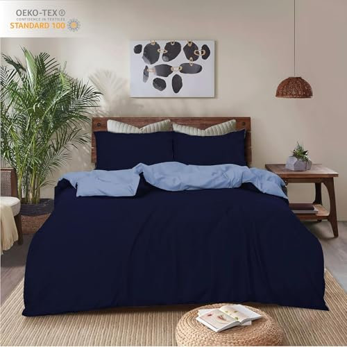 REHAN & CO Double Duvet Cover Sets – Soft Brushed Microfiber Bedding – Reversible Quilt Cover With Pillow Cases (Navy/Blue)