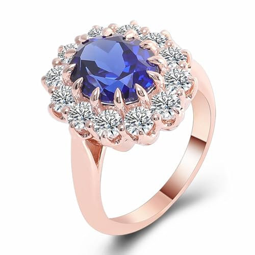 Skcess 9 Karat Roségold Ring Blau Saphir Erschaffen Oval, Ring Damen Blume mit 3 Karat Ovalem Saphir Ring Damen Größe 47 (15.0)