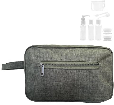 Reise-Kulturbeutel, Reisetasche für Damen und Herren, Badetasche, große Toilettentasche, Make-up-Tasche, Reise-Set mit Reiseflaschen, Shampoo- und Gelflasche, Flugzeugreise-Set, grün, Kompakte und