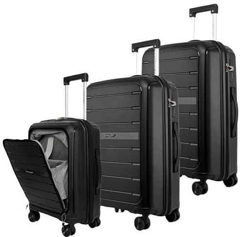Fly Kite Luggage 3-Piece Suitcase Set 20''24''28'' 100% Polypropylene, Hard Shell with Aluminium Trolley Handle, Real TSA Secure Lock 3 Digit 360° Smooth Wheels|Black