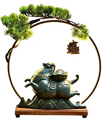 Fontaine Interieur Fontaine de table en céramique, fontaine de cascade, décoration d'intérieur, fontaine Feng Shui, décoration de richesse, ornements de bureau avec lumières LED rondes et faux décor d