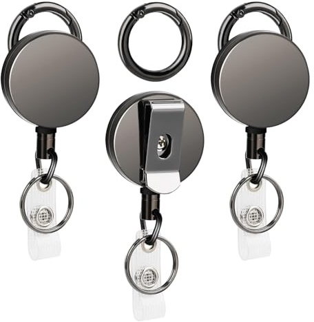 Portachiavi retrattili HUAZIZ, confezione da 3, cordino retrattile per porta tessere identificative, portachiavi retrattile in metallo con bobina a molla, corda in nylon da 60 cm, moschettone