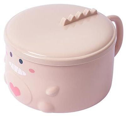 Cyrank Ramen Bowl, Cartoon Stainless Steel Noodle Bowls with Lid Cute Dinosaur Soup Cooker Cereal Pasta Cooker Salad Serving Container for Home Office School (Pink)