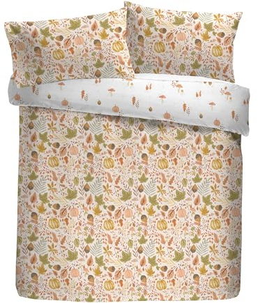 Dreams & Drapes Design Autumn Foliage Duvet Cover Set, 52% Recycled Polyester 48% Cotton, Single 140x200cm, Natural, Floral Pattern, Reversible, Orange