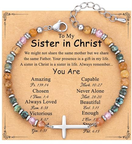 Kreuz Armband Damen Silber – Christliches Armband mit Kreuzanhänger aus Natursteinperlen und Edelstahl, Frauen und Mädchen, Religöse Geschenke zur Kommunion, Konfirmation,Geburtstag,Ostern,Weihnachten