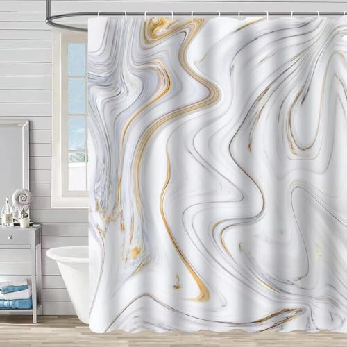 Rideau de Douche imperméable en marbre 220x240cm/Largeur x Hauteur Rideau de Douche imperméable et Lavable avec Crochets pour Salle de Bain