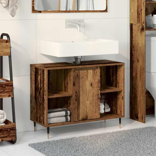ULUYYUC Waschtisch Altholz Braun Massiv Holz Mittelgroß mit Schiebetür und Regalen Rustikales Sideboard Medizinschrank Badezimmer Badmöbel für kleine Bäder