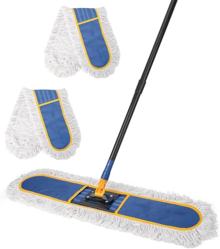 Trapeador comercial de 24 pulgadas para limpieza de suelos, mango largo de 59 pulgadas con 2 almohadillas reutilizables de algodón para suelos de madera dura, mármol, azulejos, hormigón, garaje