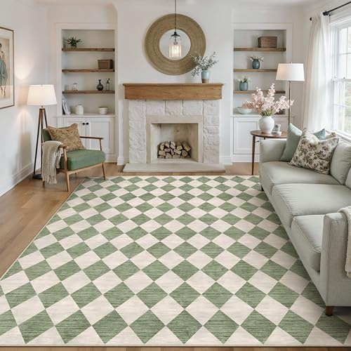 PureCozy Teppich 200x300cm Grün Waschbar Moderne Kariert | Moderner Karo Teppiche,Waschbar,Rutschfest,Weich,Kurzflor,für Wohnzimmer,Schlafzimmer,Esszimmer,Büro