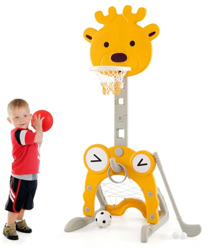 COSTWAY 4-in-1 Basketballkorb Kinder, Basketballständer höhenverstellbar mit Korb & Fußballtor & Ringwurf & Golf, Indoor Outdoor Basketballspiel inkl. Bälle & Golf Club, für Kinder ab 3 Jahren (Gelb)