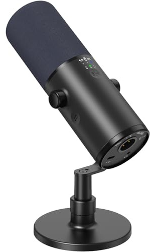 TONOR Dynamic Podcast Microphone for Studio, Cardioid XLR/USB Mic, AI Noise Cancellation, Tap Mute, 3.5mm Headphone Jack for Monitoring, Volume Control, Microfono with Desktop Stand, Black, TD510 AIR