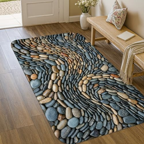 Kieselstein-Teppich, natürliche, moderne Steine, Kurven, kein Grau, rutschfest, farbecht, ästhetischer Teppich für Wohnzimmer, Schlafzimmer, Flur, Schreibtisch, Büro, Dekoration, 122 x 150 cm