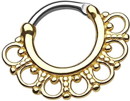 Piersando Piercing Ring für Septum Tragus Helix Ohr Nase Lippe Brust Intim Nasenpiercing Ohrpiercing Vintage Tribal mit Ornament Fächer Gold 1,6mm