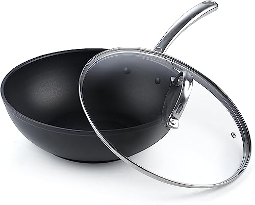 Cooks Standard 11-Inch Hard Anodized Nonstick Wok Stir Fry Pan Flat Bottom with Lid Sartén, Aluminio, Negro