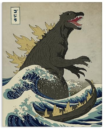 Stupell Industries Godzilla in The Waves Eastern Poster Style Illustration Leinwand Wandkunst 16 x 20, Design von Künstler Michael Buxton