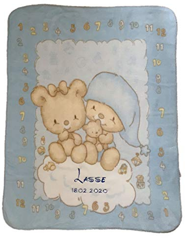 Flauschig warme Decke mit Bestickung (Name + Geburtsdatum o.Ä.) - und mit wunderschöner Motiv Applikation (Bärchenpaar - HELLBLAU)