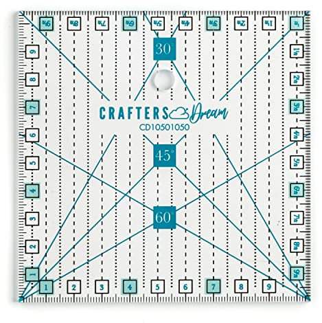 Crafters Dream Quilting Rulers - Transparent Acrylic Non Slip Quilt & Patchwork Ruler with Clear Black Lines & 30, 45 & 60 Degree Angles (10.5cm x 10.5cm)