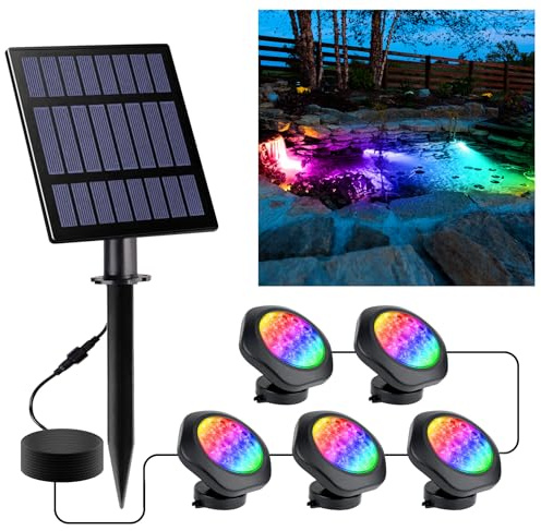 CREPOW Solar-Teichleuchten für den Außenbereich, Landschafts-Spot, Unterwasser-Teichlicht, LED, RGB-farbig, IP68, wasserdicht, Brunnenlicht für Garten, Hof, Rasen, Weg (5 Stirnlampen)