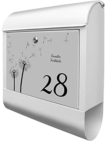 banjado® Design Briefkasten personalisiert mit Pusteblume GS 38,5x46,5x13cm & 2 Schlüssel - Briefkasten Stahl weiß mit Zeitungsfach pulverbeschichtet - Postkasten A4 Einwurf inkl. Montagematerial