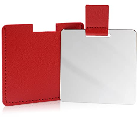 Bruchsicherer Taschenspiegel aus Edelstahl für Geldbörsen, unzerbrechlicher Spiegel Reise mit PU-Lederhülle, Handheld-Camping-Rasierspiegel für Damen und Herren, Make-up, Geschenk (Rot)
