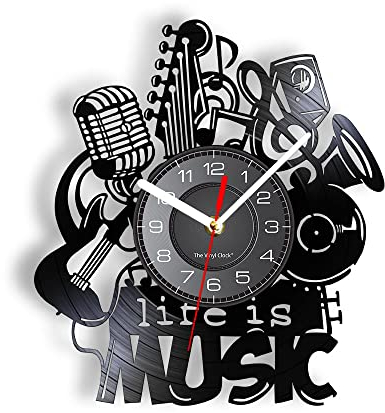 Smotly Vinyl Wanduhr, Musikinstrument Wanduhr mit LED Nachtlichtfunktion, Wanduhr Geschenk für Musikliebhaber Home Decor (Schwarz)