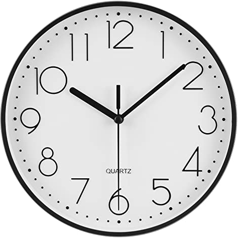 Topkey 22,9 cm leise runde Wanduhr mit arabischen Ziffern, leicht ablesbare Uhr für Wohnzimmer, Schlafzimmer, Schule und Kinderzimmer (Batterie nicht im Lieferumfang enthalten), Schwarz