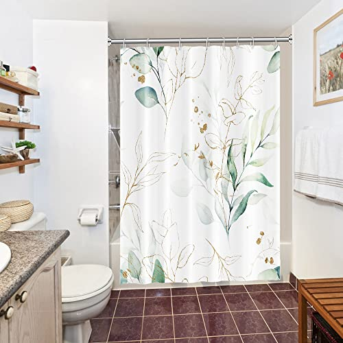 Uiiooazy Duschvorhang 150x180cm, Duschvorhang Eukalyptus Grüne Blätter Anti Schimmel Gold Aquarell Pflanzen Duschvorhänge Wasserdicht Polyester Stoff Waschbar Bad Vorhang mit 10 Haken für Badezimmer