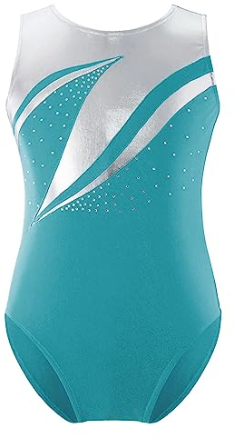 Hedmy Mädchen Turnanzug Gymnastikanzug Ärmellos Tanz Body Overalls Trikot Leotards Kinder Gymnastik Wettkampf Kostüm 3-14 Jahre Blau Grün B 134-140